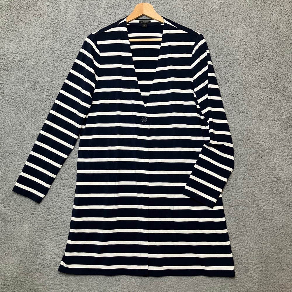 J.Jill Wearever Longline Cardigan Women M Tall Navy White Striped Coastal Preppy